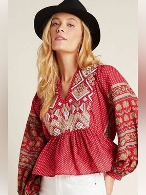 Anthropologie Keira Red Embroidered Peplum Top - Size 8